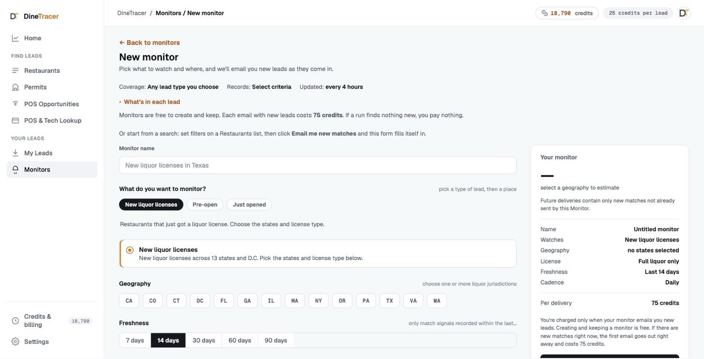 DineTracer New monitor: pick a lead type (New liquor licenses, Pre-open, Just opened), the states, how recent, and how often; a summary shows the 75-credit cost per email.