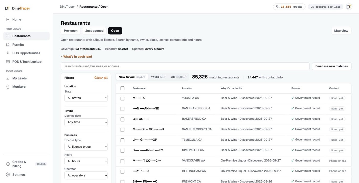 DineTracer Restaurants, Open list: Pre-open, Just opened and Open tabs, a search box, a filter panel on the left, New to you, Yours and All tabs, and a table of partly hidden restaurant names with row checkboxes.