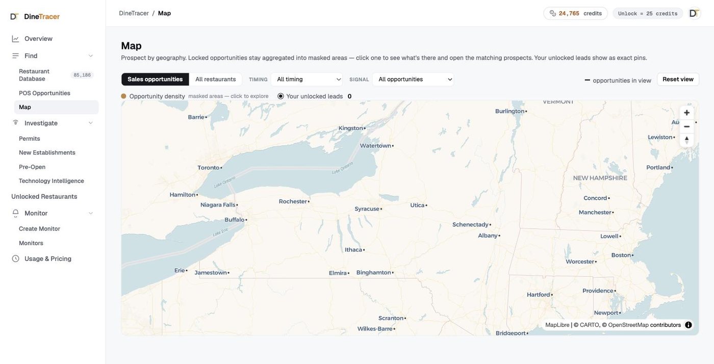DineTracer Map: masked opportunity-density clusters across the United States with sales-timing and signal filters; the customer's own unlocked leads show as exact pins.