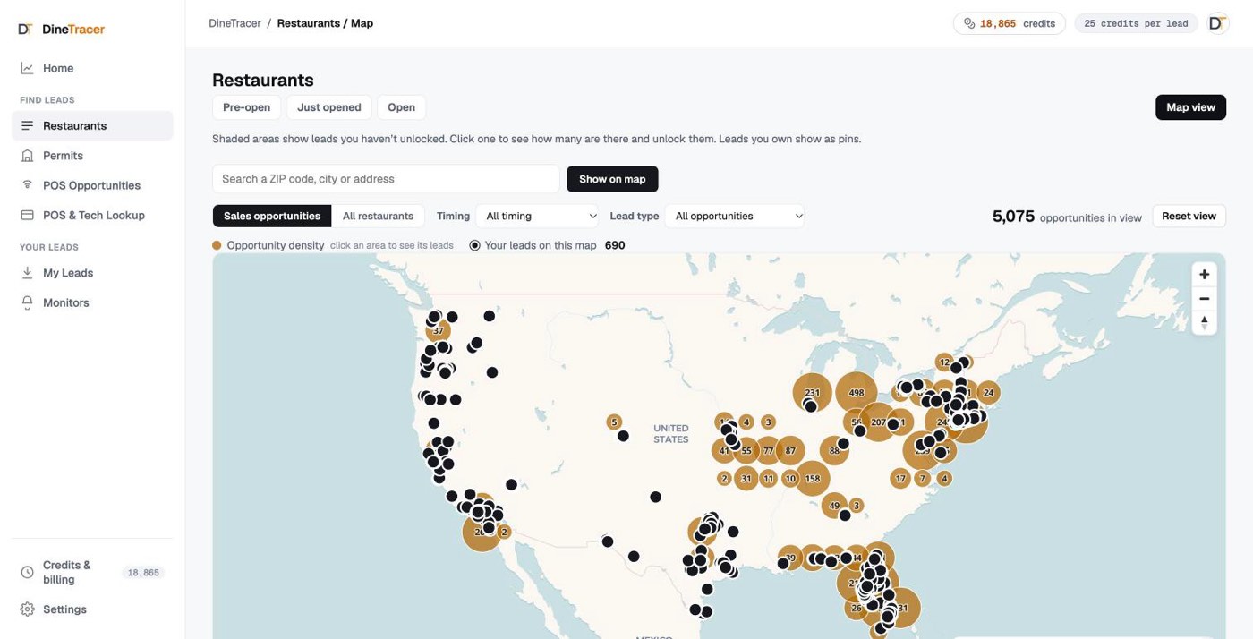 DineTracer Map view: search a ZIP code, city or address; shaded areas show leads you haven't unlocked and black pins show leads you own.
