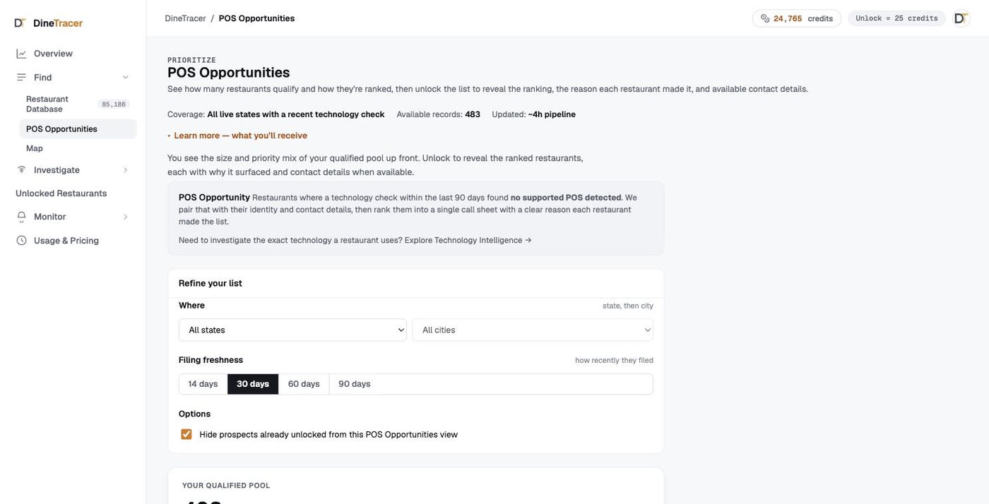 DineTracer POS Opportunities: restaurants with no supported POS detected, with State and City filters, a newly-licensed-within selector, and a new-prospects-only option.