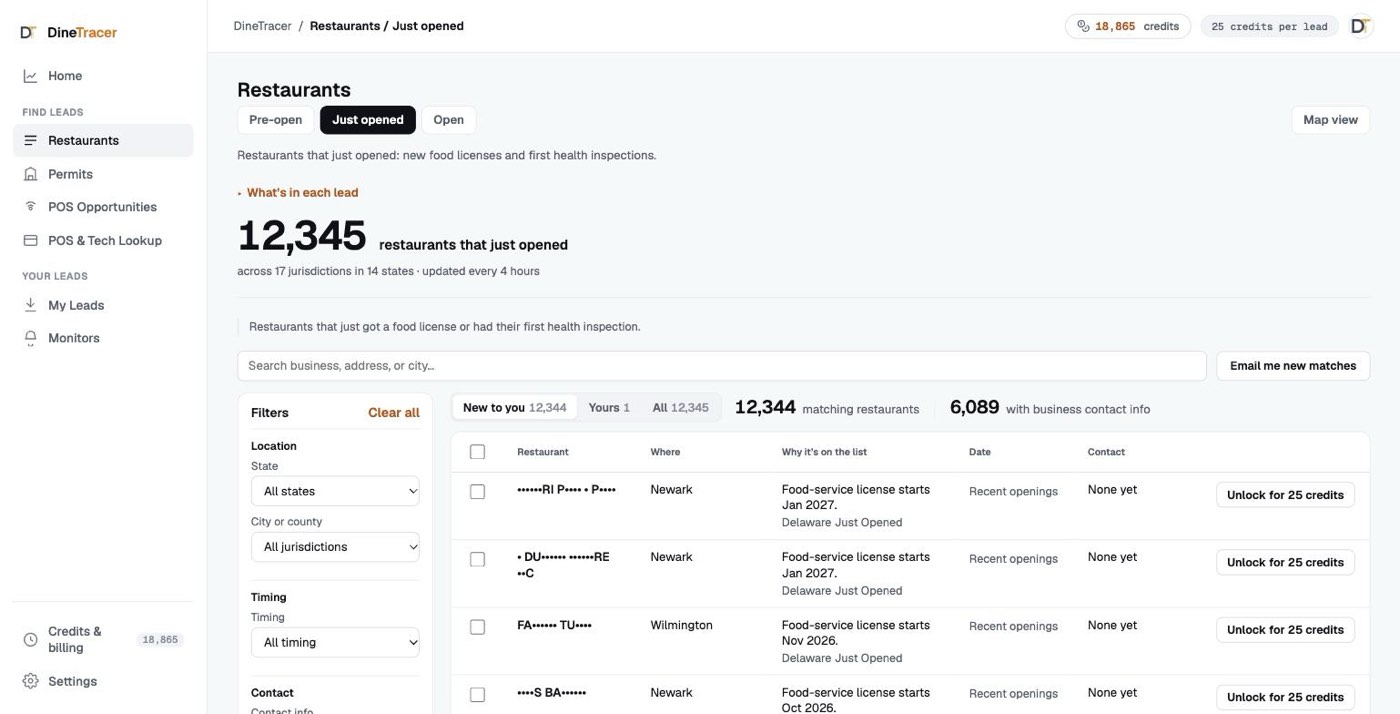 DineTracer Restaurants, Just opened: restaurants that just got a food license or had their first health inspection, with a filter panel on the left and a table of leads.