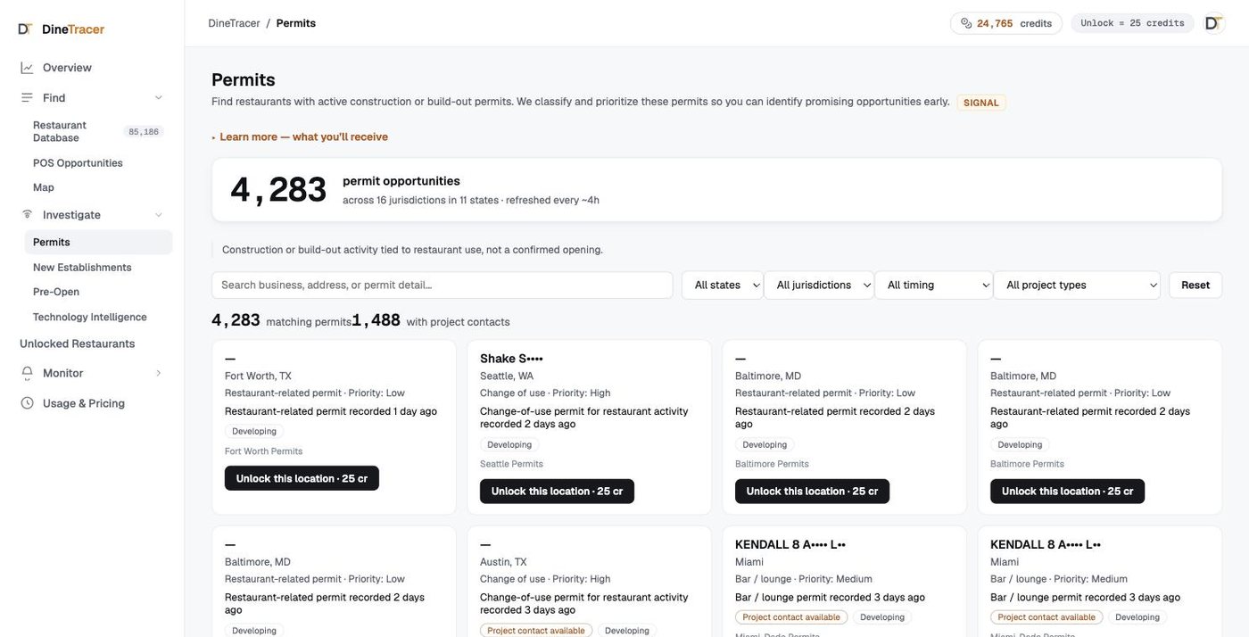 DineTracer Signals - Permits: build-out permit opportunities across jurisdictions with state, jurisdiction, timing, and project-type filters over a masked results table.